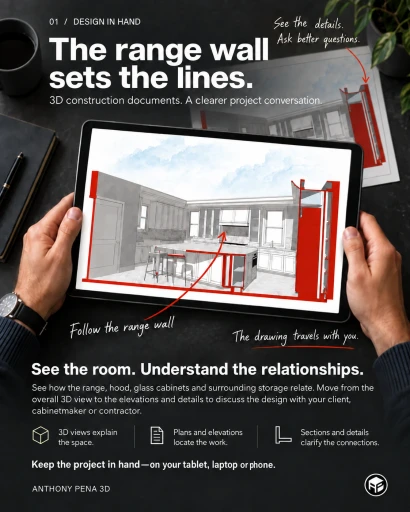 Illustrative cover showing hands holding a tablet with a kitchen section and island.