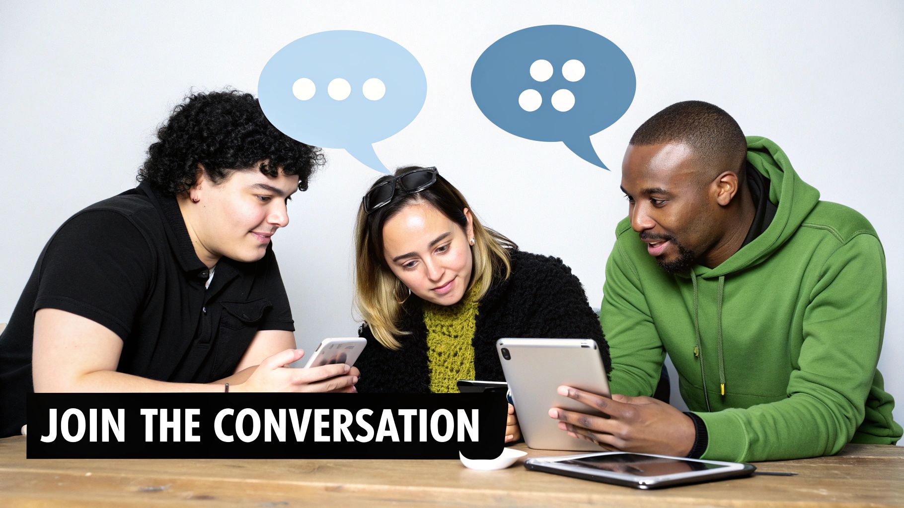 Three diverse people looking at devices and talking, with chat bubbles above them.