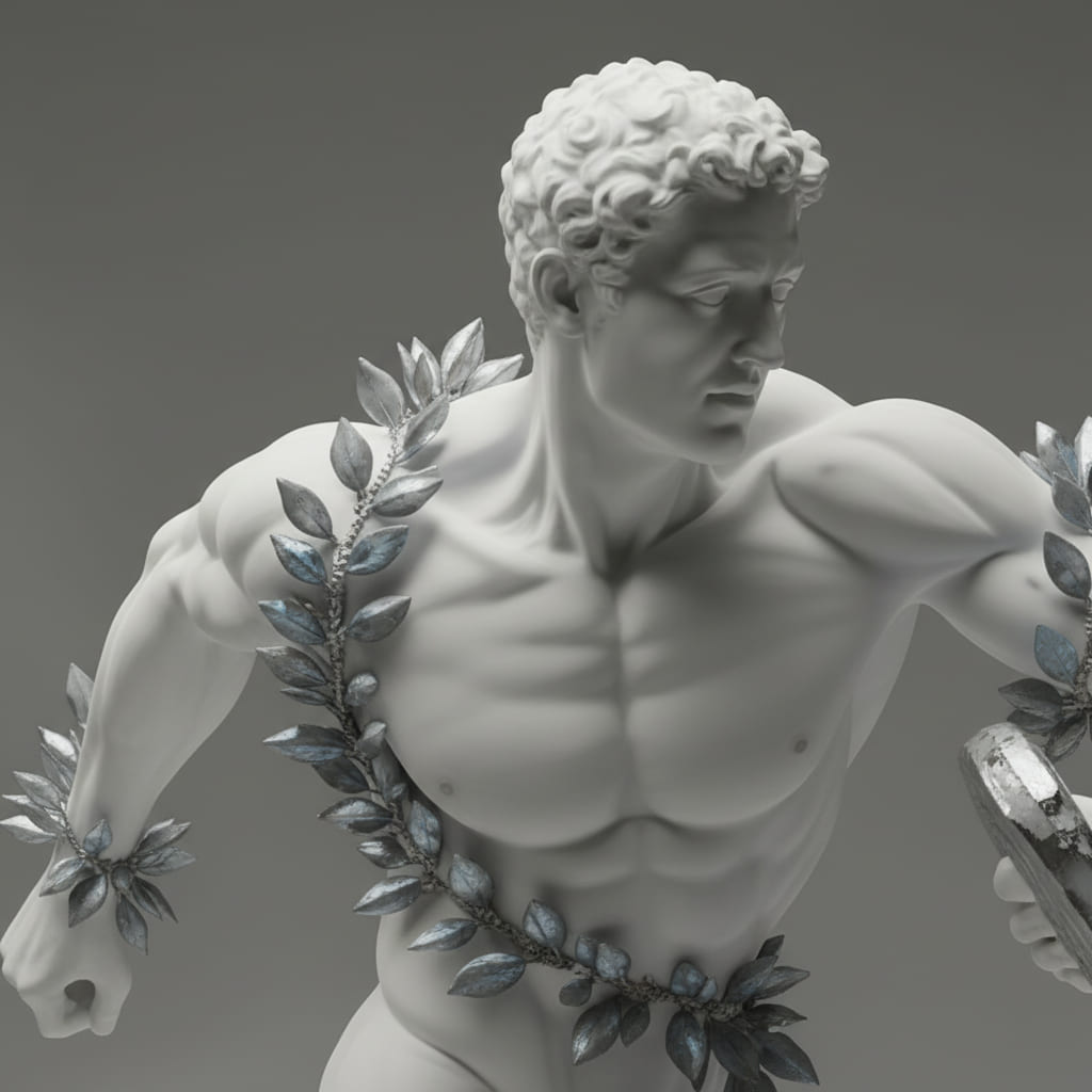 Right-side view of a muscular marble athlete sculpture adorned with silver laurel garlands.