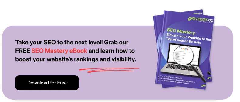  A call-to-action of Coozmoo's SEO Mastery ebook