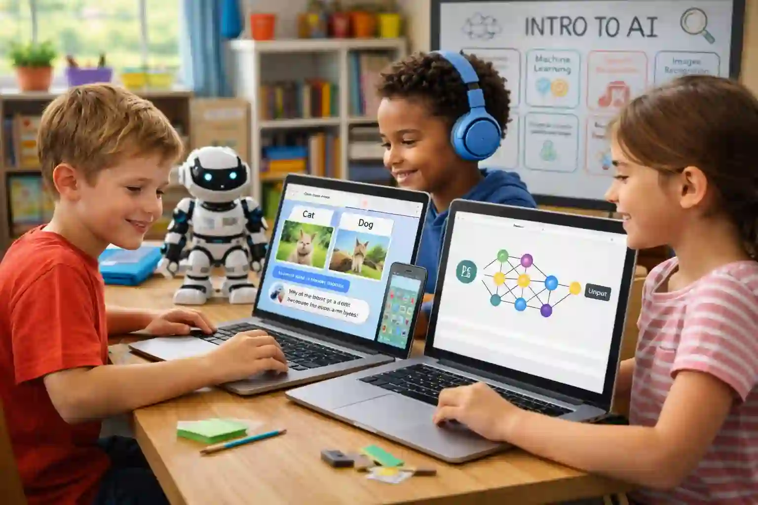 Students working on advanced AI and machine learning projects in classroom