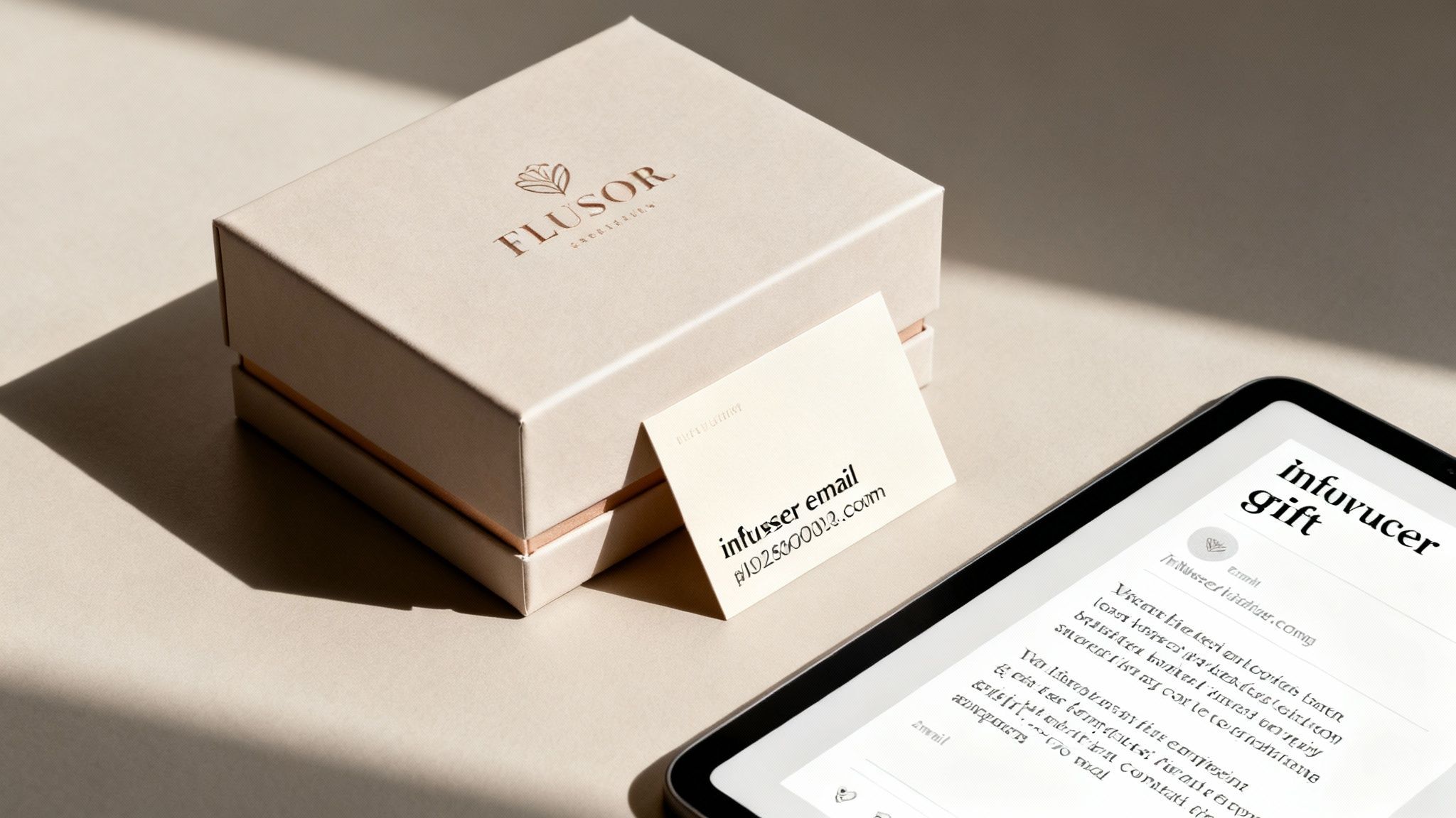 A brand manager reviewing a list of influencers on a tablet while packing a gift box.