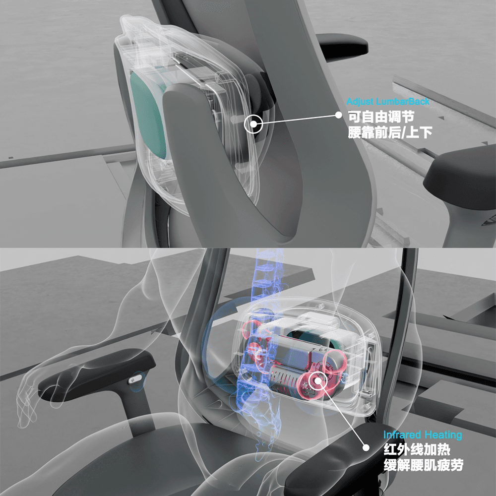TCHOD Furniture Model No. 857A ergonomic office chair featuring an adjustable electronic lumbar support system with 4-way movement (up, down, forward, back) and integrated infrared heating technology for lower back pain relief and muscle fatigue recovery.