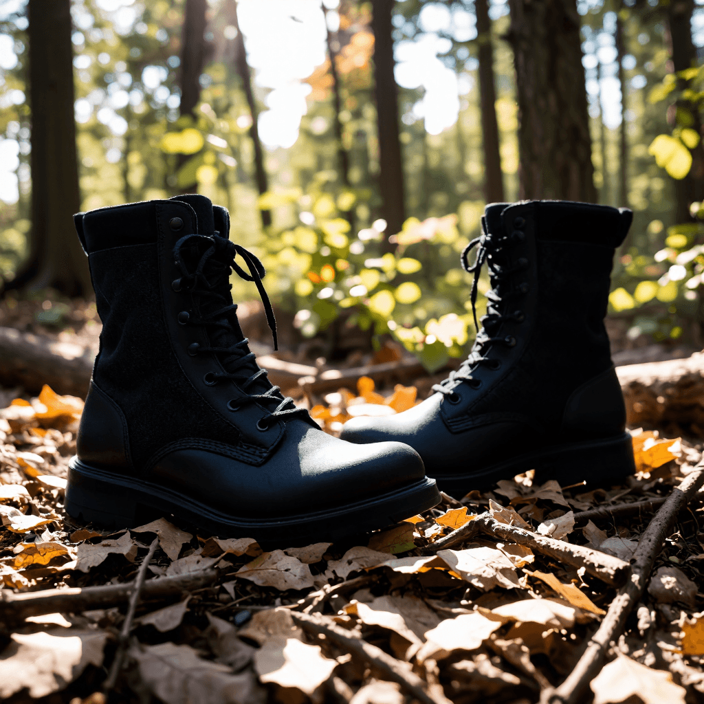 product photography of a pair of black combat boots designed for outdoor use