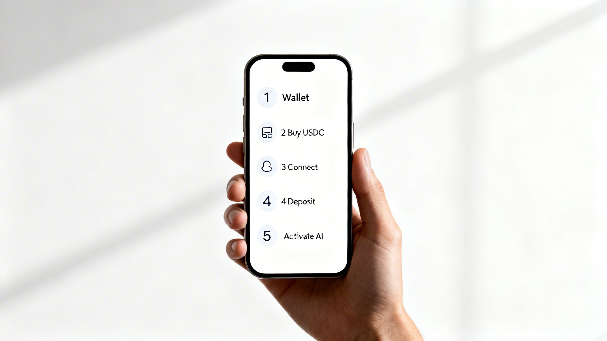 A hand holds a smartphone displaying five steps for simplified crypto investing: Wallet, Buy USDC, Connect, Deposit, and Activate AI.
