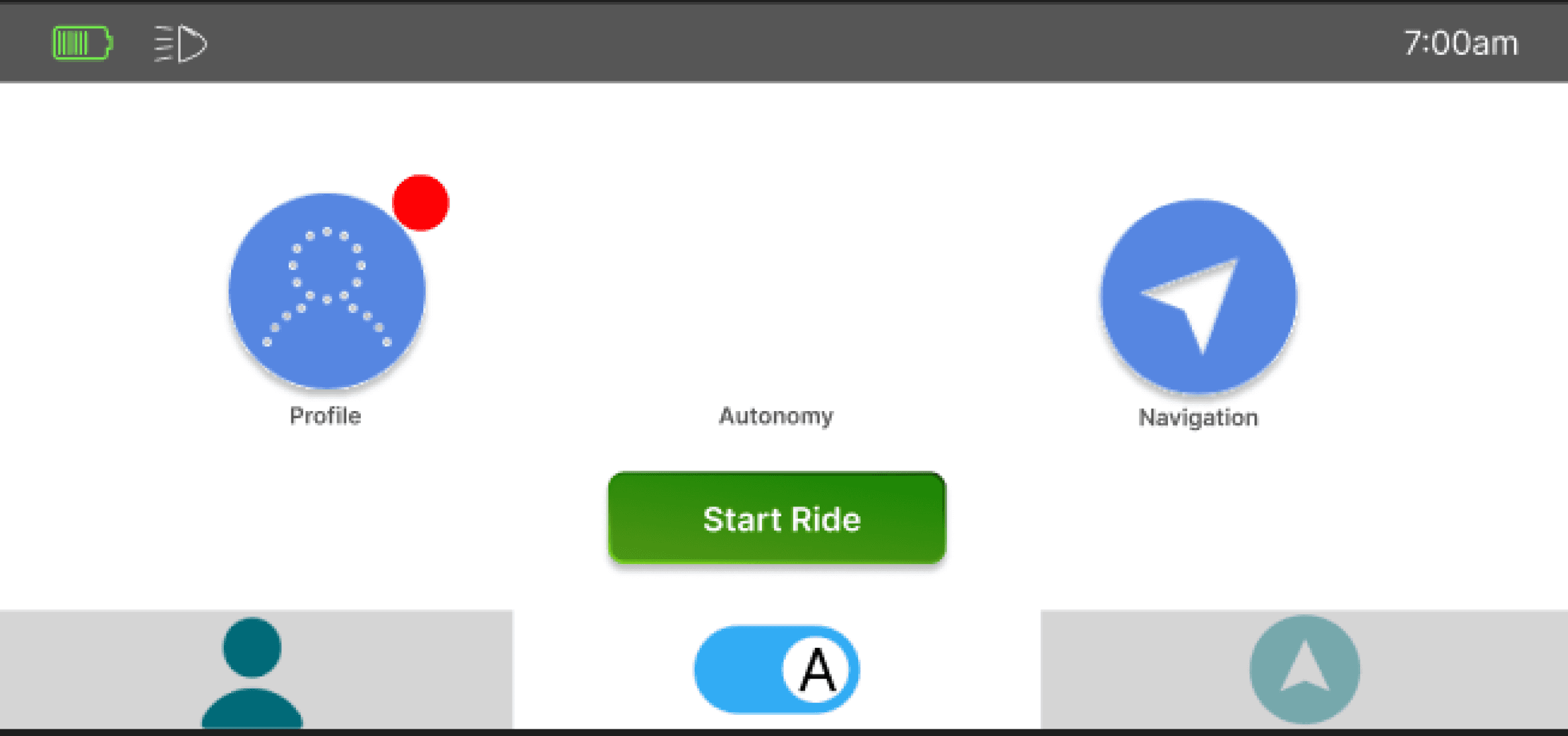 Wireframe of dashboard power-on screen, with three blue buttons in the center for Profile, Autonomy, and Navigation, and a green Start Ride button centered below the Autonomy button. Bottom navigation bar features profile, autonomy toggle, and navigation.