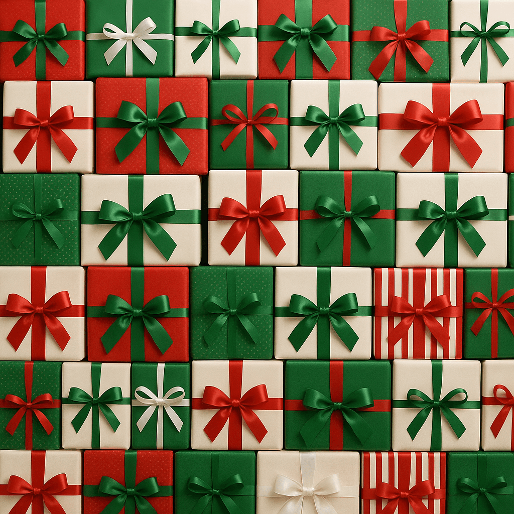 Uma parede de presentes com embrulho vermelho e verde, temáticos do natal.