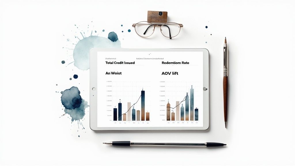 A flat lay of a tablet displaying business graphs and charts, eyeglasses, and pens on a white background with watercolor splatters.