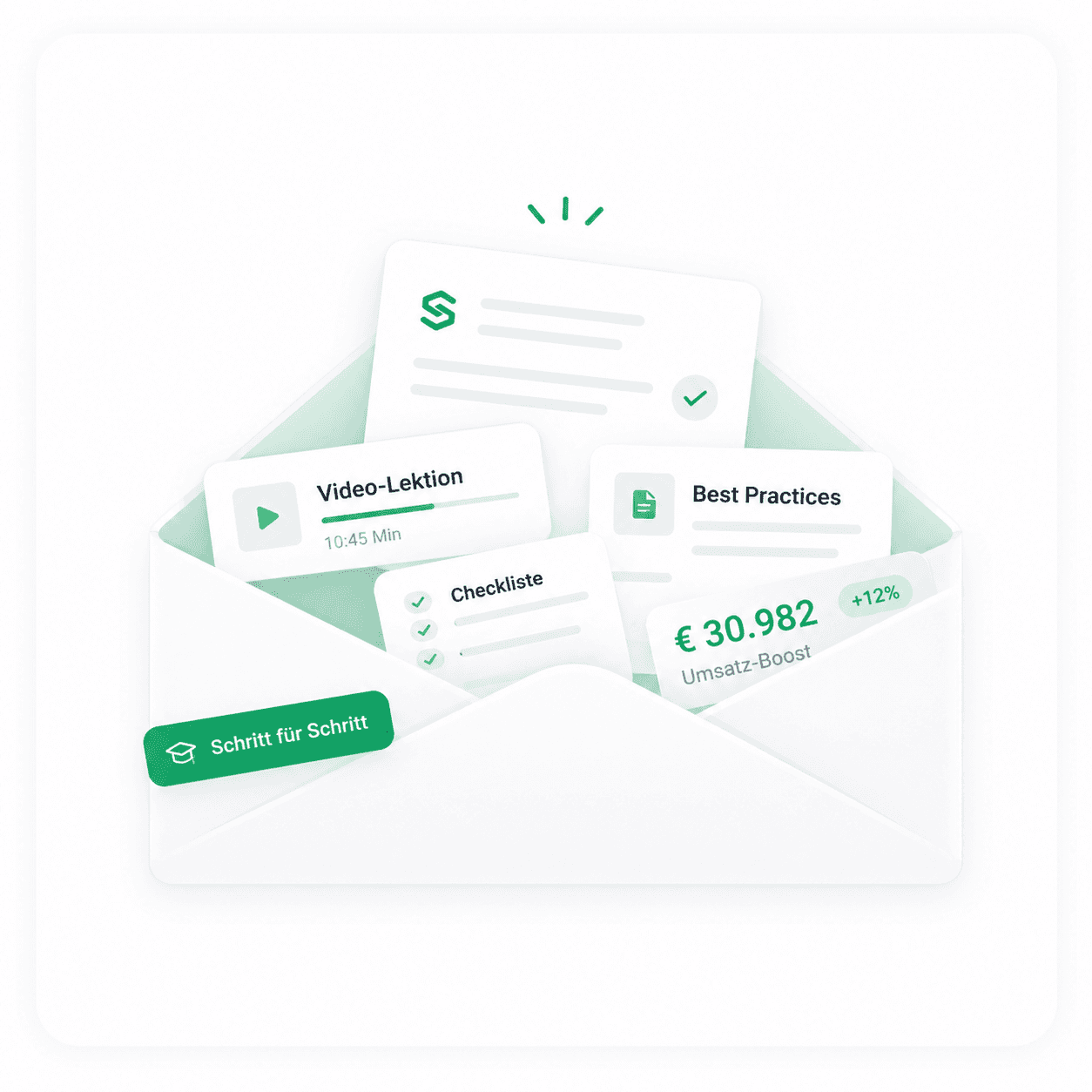 Envelope containing recommendations like “Fix churn spike” and “Action,” symbolizing actionable insights.