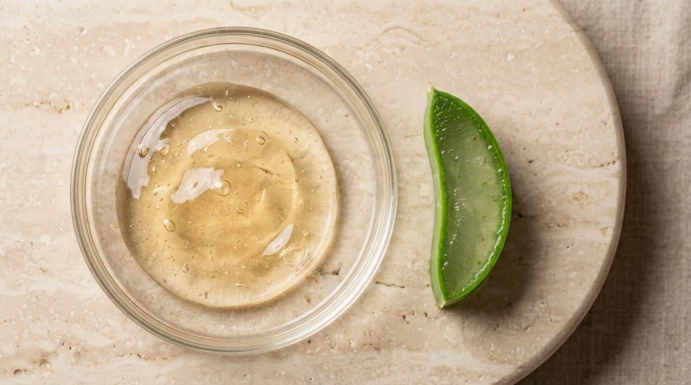 Bovenaanzicht van een glazen schaal met een transparant goudkleurig serum (peelingoplossing) naast een groen aloë vera blad of een botanisch element. Geplaatst op een gladde afgeronde beige stenen ondergrond. Macro fotografie met scherpe focus. Stijl: Hoogwaardige architectuurfotografie in 8k resolutie met zacht daglicht, minimalistisch luxe neutraal kleurenpalet (Beige Taupe Crème Zacht Goud).