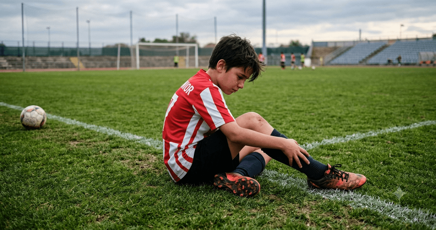 Adolescente atleta com lesão do Ligamento Cruzado Anterior (LCA) no joelho durante prática esportiva.