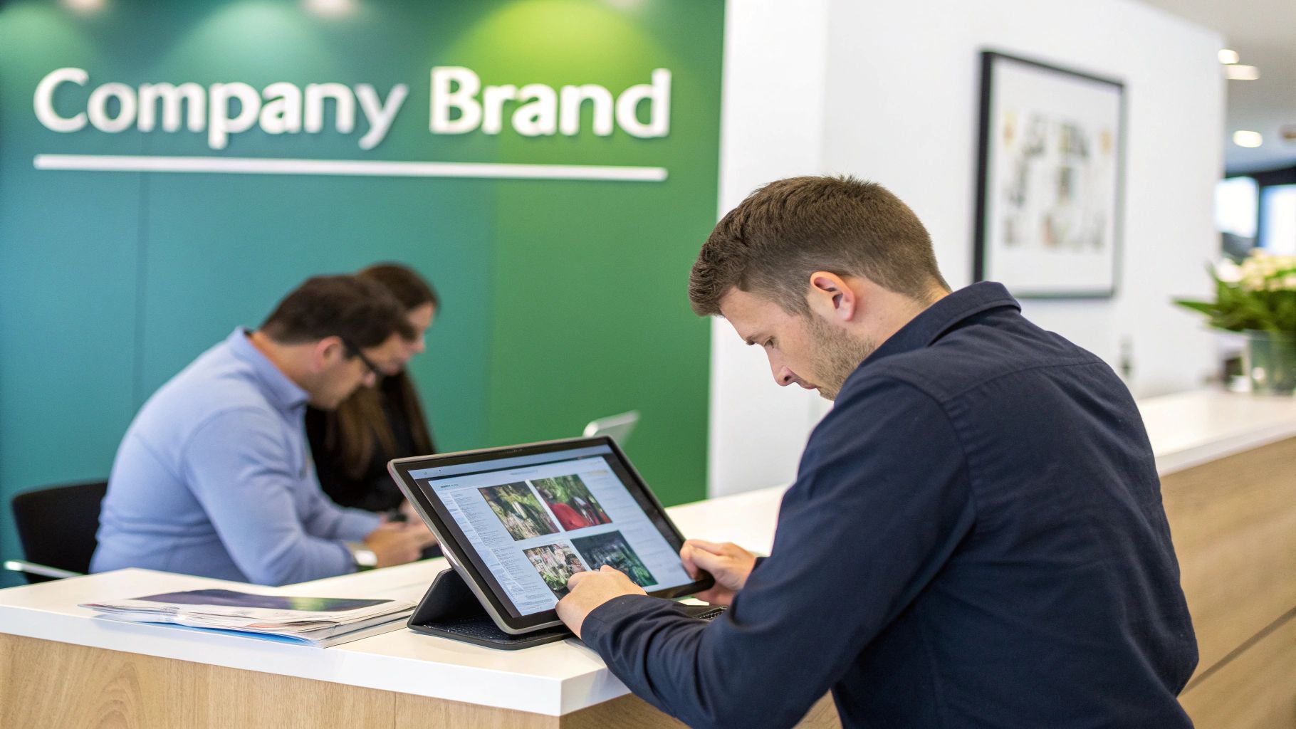 A man uses a tablet to select images, with colleagues working in a bright modern office.