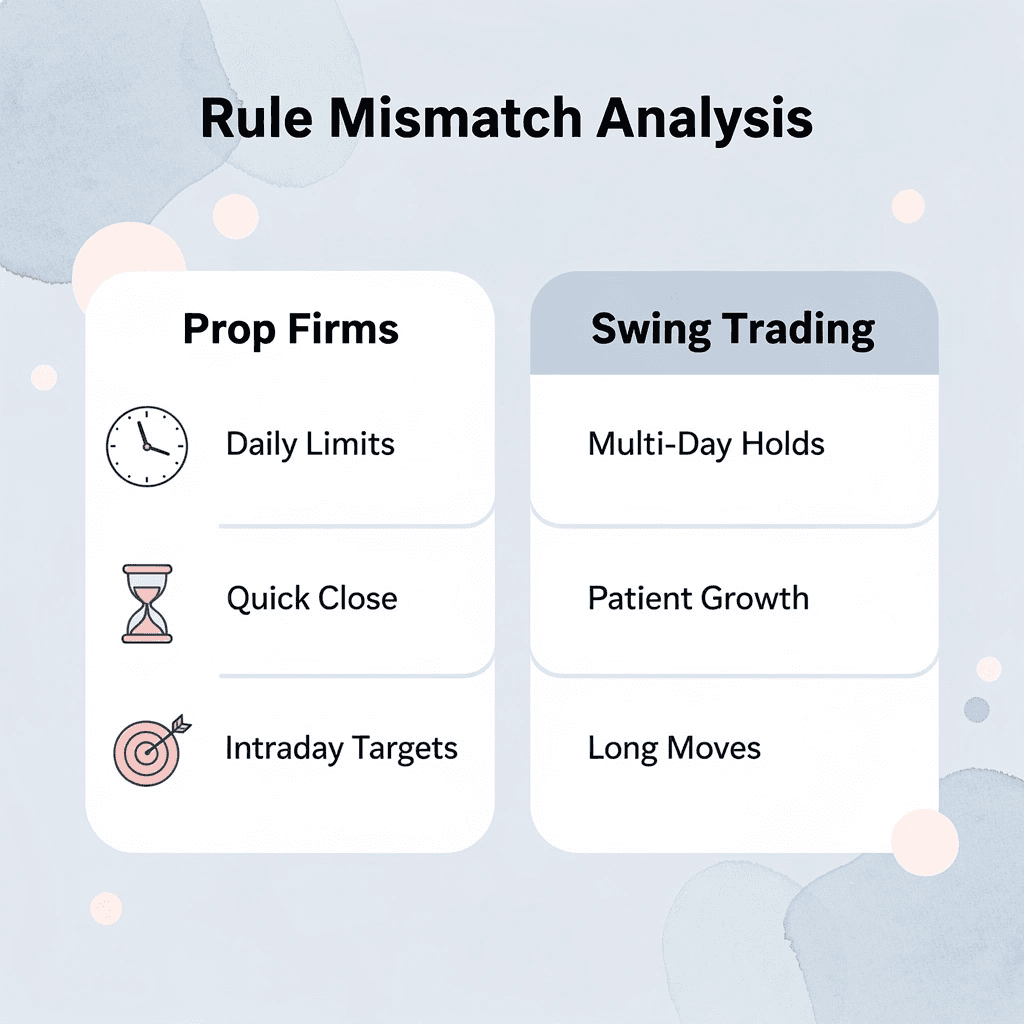Comparison table showing prop firm rules versus swing trading needs