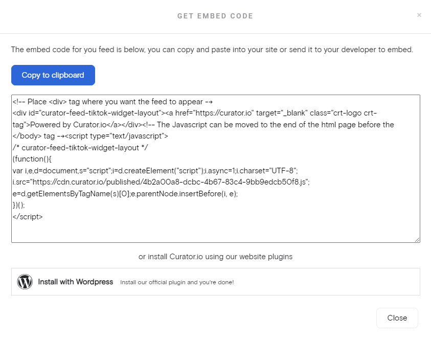Get TikTok feed embed code