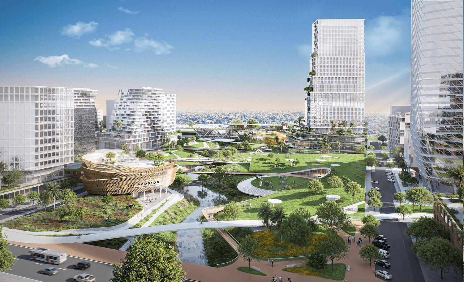 Aerial rendering of the proposed Blake Investment Partners Historic Gas Plant District redevelopment in St. Petersburg, featuring a central green park surrounded by modern mixed-use towers