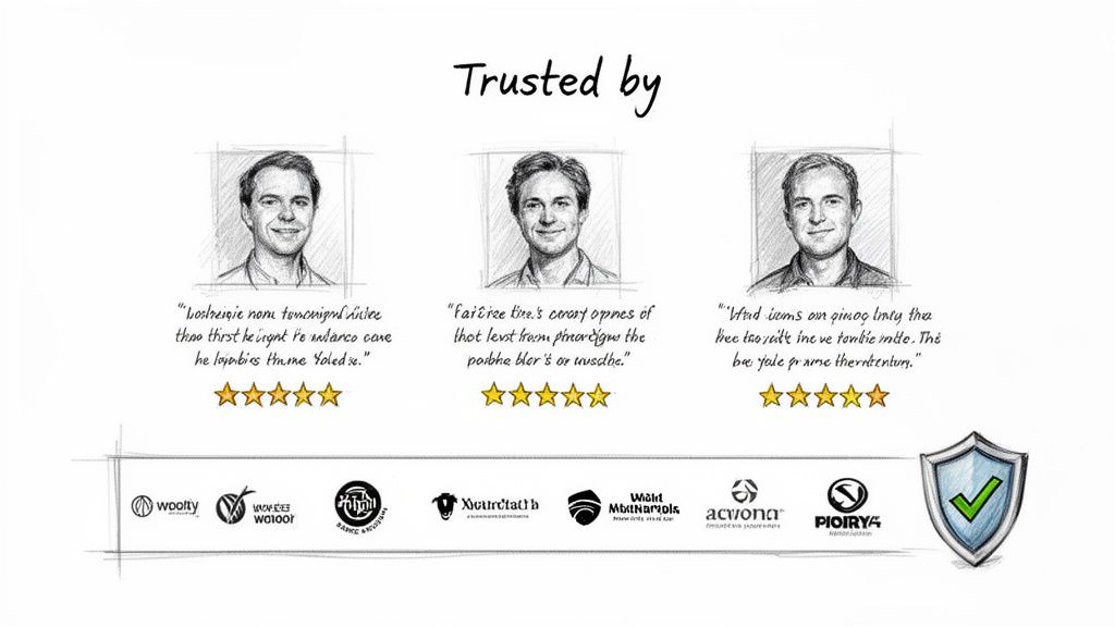 Client testimonials section with three customer sketches, star ratings, and a collection of trusted company logos.