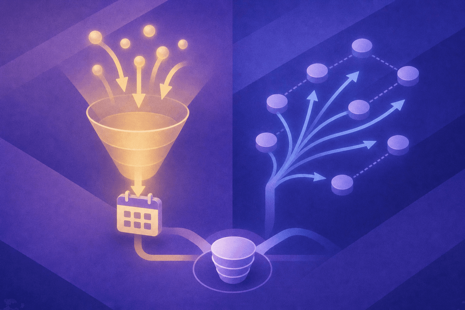 A clean, modern split-panel illustration showing two parallel sales pipeline flows side by side. On the left panel, a warm glowing funnel with inbound arrows flowing downward representing website visitors and hand-raisers moving toward a calendar booking icon, using amber and gold tones. On the right panel, a cool blue outbound flow showing a network of prospect nodes being reached by outgoing arrows representing cold outreach sequences. Both panels connect at the bottom to a unified pipeline symbol. Flat design style, abstract and professional, no human figures, purple and blue gradient accents.