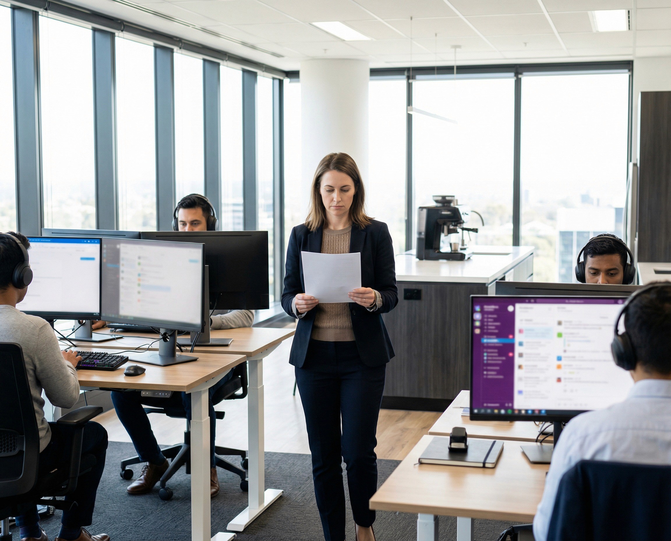  A wide, honest shot of a tech company's open-plan office — the aesthetic is unmistakable: standing desks, large monitors, mechanical keyboards, noise-cancelling headphones, a kitchen island with a coffee machine in the background. The office is well-designed, well-resourced, and modern. In the middle of the floor, a head of people in her late 30s is standing between two rows of developer desks, holding a single printed page — a regulatory checklist or compliance requirement summary — and looking at it with the expression of someone holding a document from a world she recognises as important but that none of the tools surrounding her were built to address.