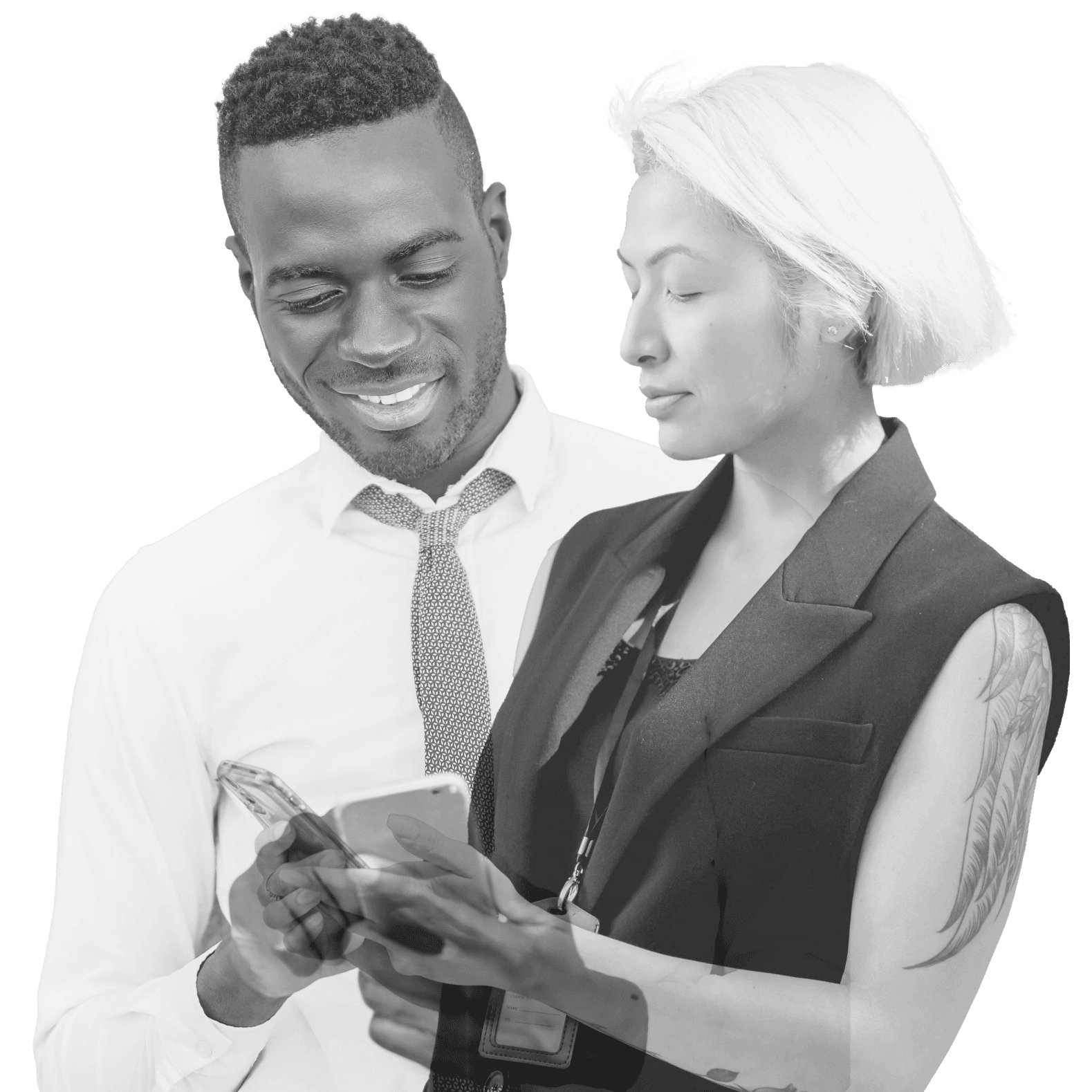 Two individuals in business attire are smiling and discussing something on a smartphone, symbolizing collaboration in a modern corporate setting, relevant to forex trading.