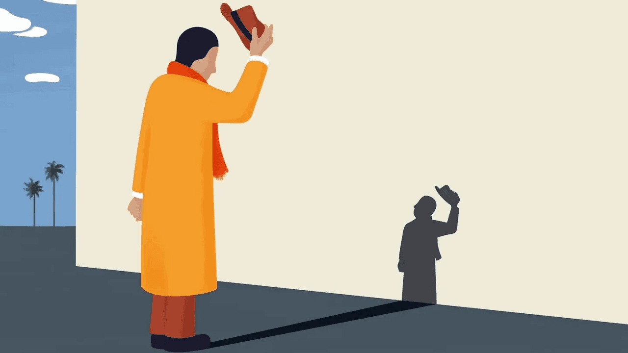 Figure in yellow tips hat to silhouetted person, palm trees visible, illustrating respect and hierarchy