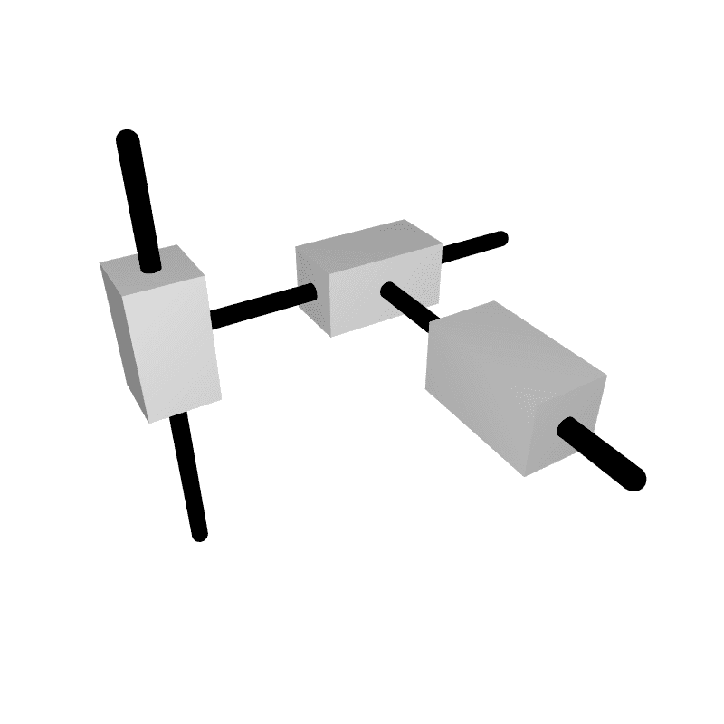 Simple 3D model consisting of three gray rectangular blocks connected by black rods, arranged against a plain white background.