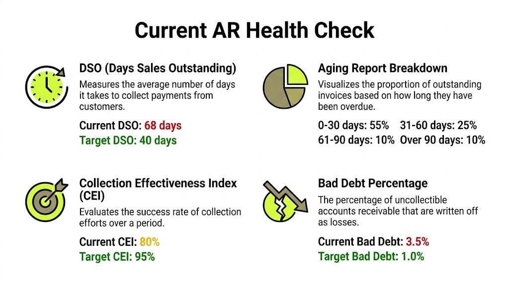 An infographic titled Current AR Health Check showing metrics for DSO, Aging Report, CEI, and Bad Debt.