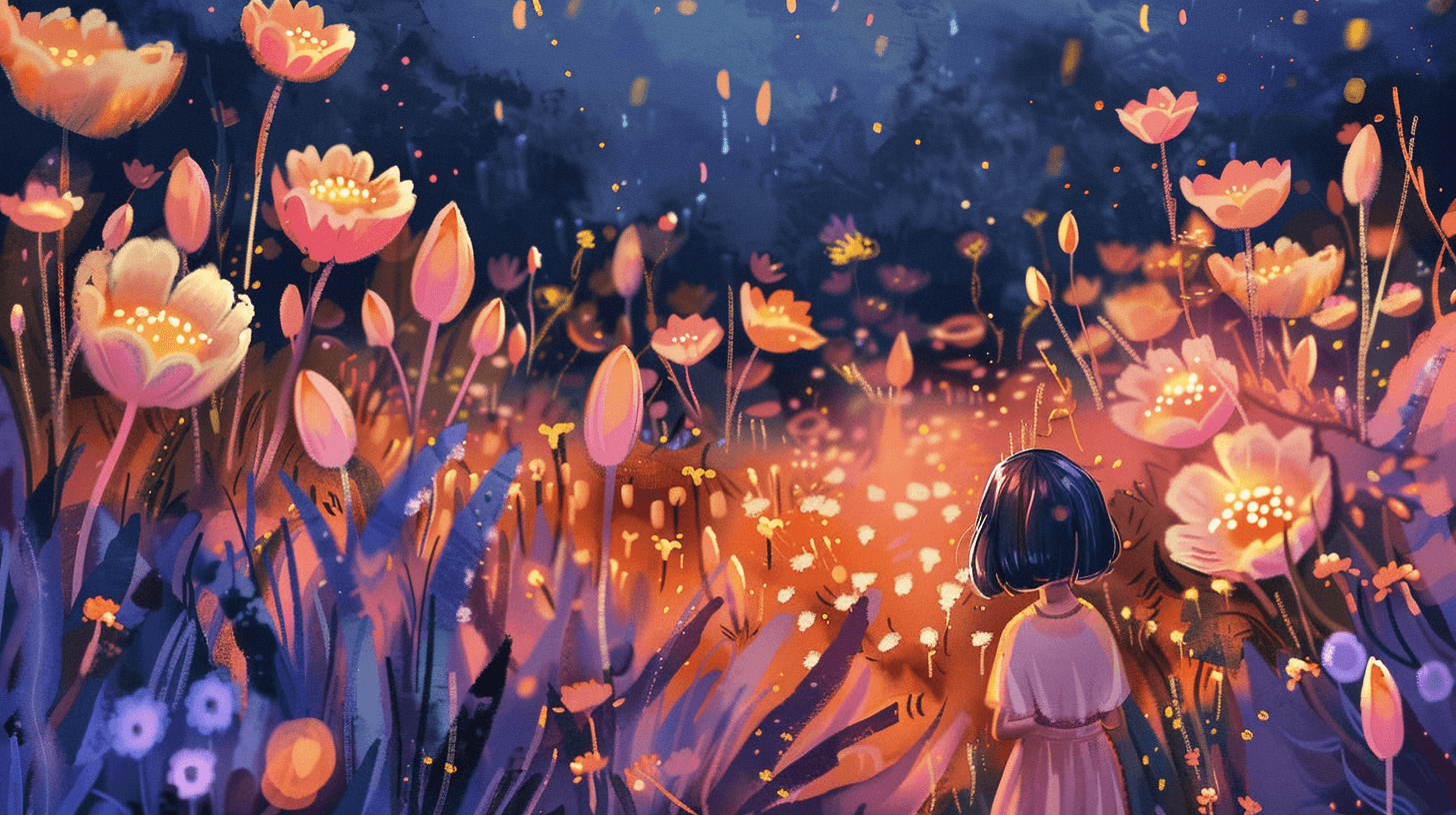 a very close-up of a little girl in an extraterrestrial garden with alien plants, glowing flowers