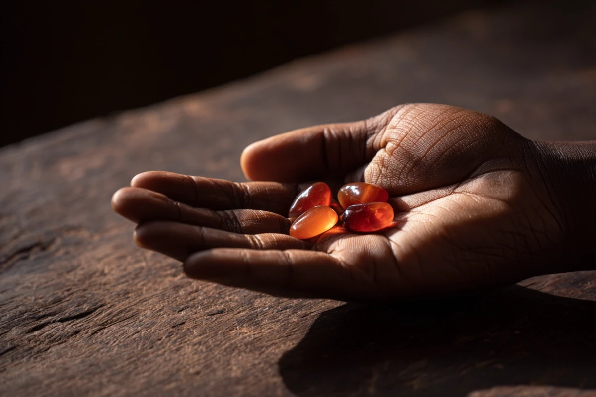 A man's open palm holding three smooth orange-red carnelian tumbled stones, warm dramatic side lighting on a dark wooden surface.