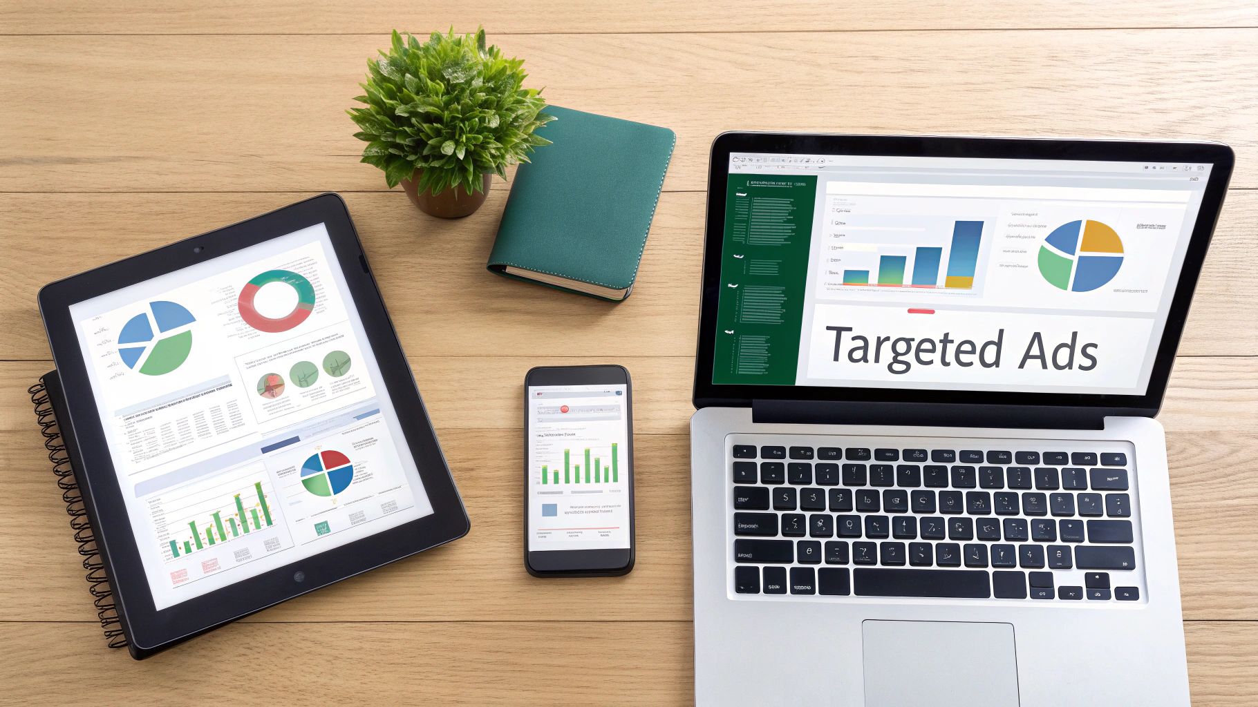 Flat lay of a workspace with a laptop, tablet, and smartphone displaying marketing analytics and 