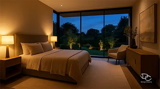 Σύγχρονο υπνοδωμάτιο με μεγάλες γυάλινες επιφάνειες, ζεστό φωτισμό και θέα σε φωτισμένο κήπο το βράδυ