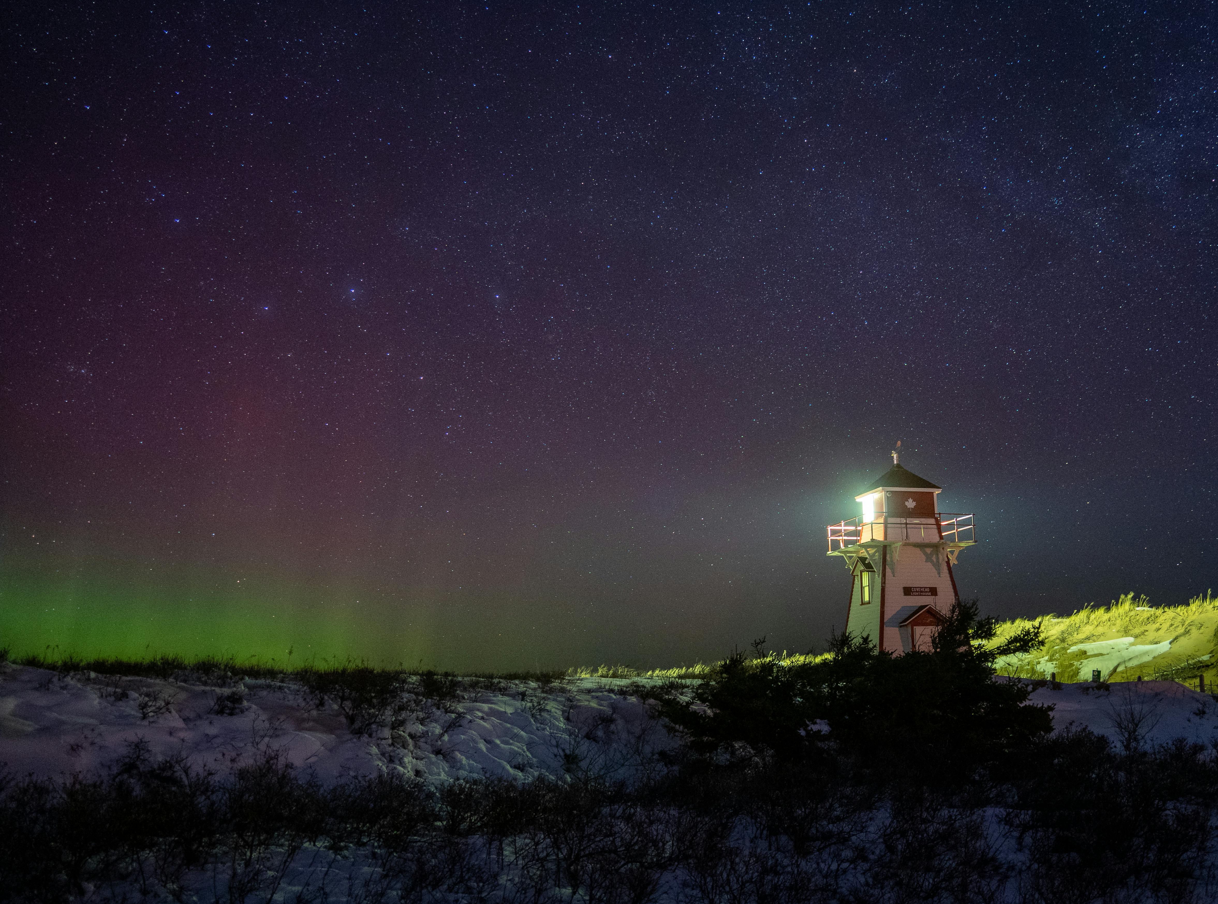Lighthouse with a star filled sky backdrop