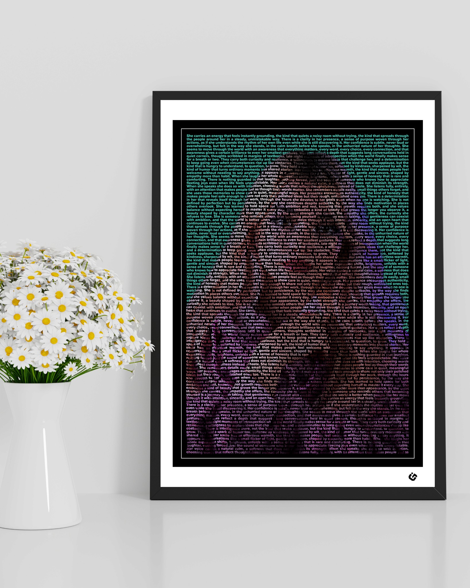 Custom text portrait of a woman smiling softly, her face and features formed entirely from meaningful words, framed with a thin white line, black border, and white mat designed by U-Go Experience
