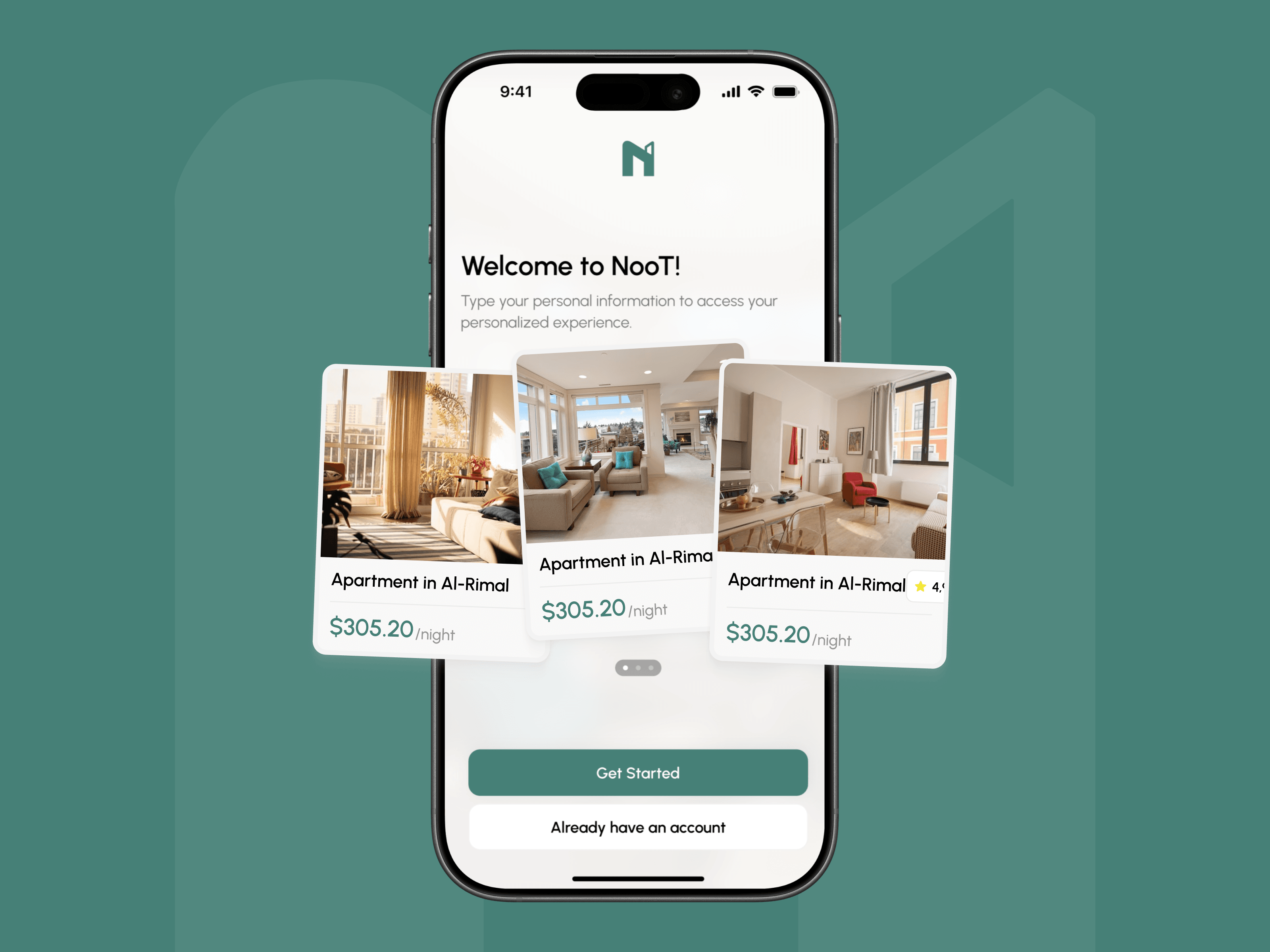 Mobile MVP onboarding screen for a property discovery app with apartment cards and personalized setup