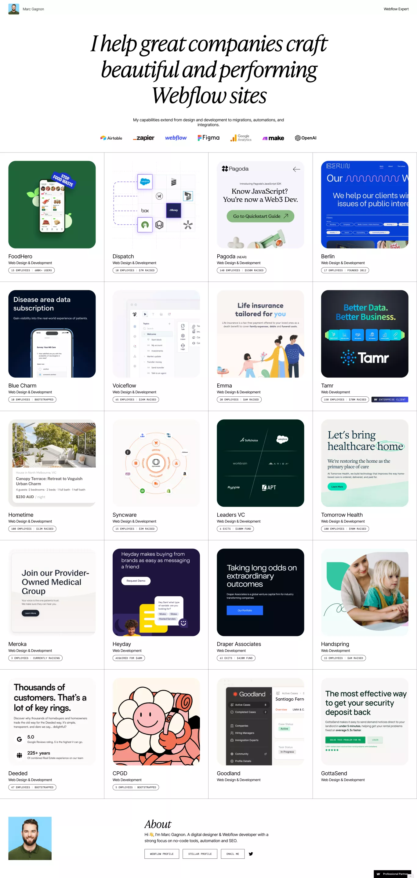 Marc Gagnon portfolio page screenshot showcasing Design and Tech design