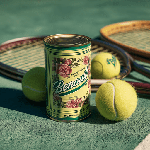 A can with floral design sits on a tennis court with two yellow tennis balls and an orange racket nearby. The scene is brightly lit and casual.