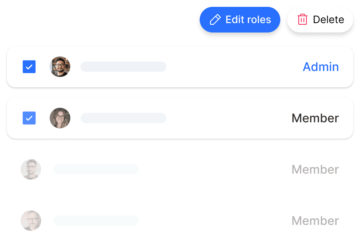 Screenshot of a user interface showing a list of users and their roles (Admin, Member).  Buttons to edit or delete roles are visible.