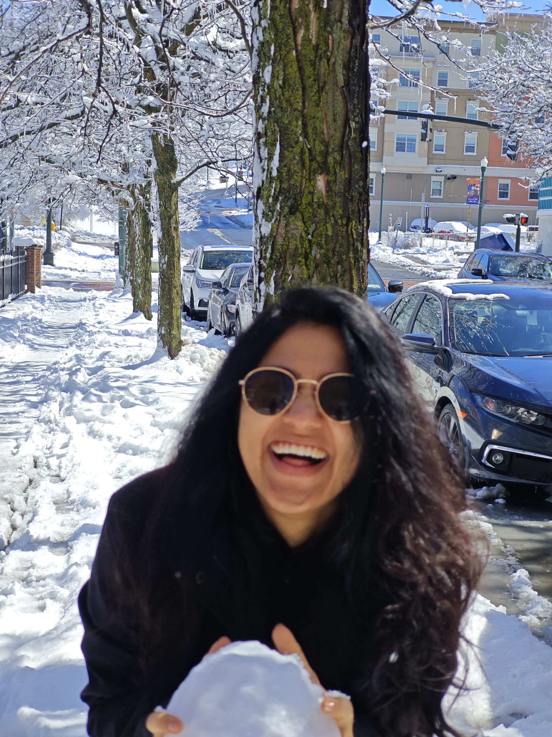 Sarika laughing in Albany snow