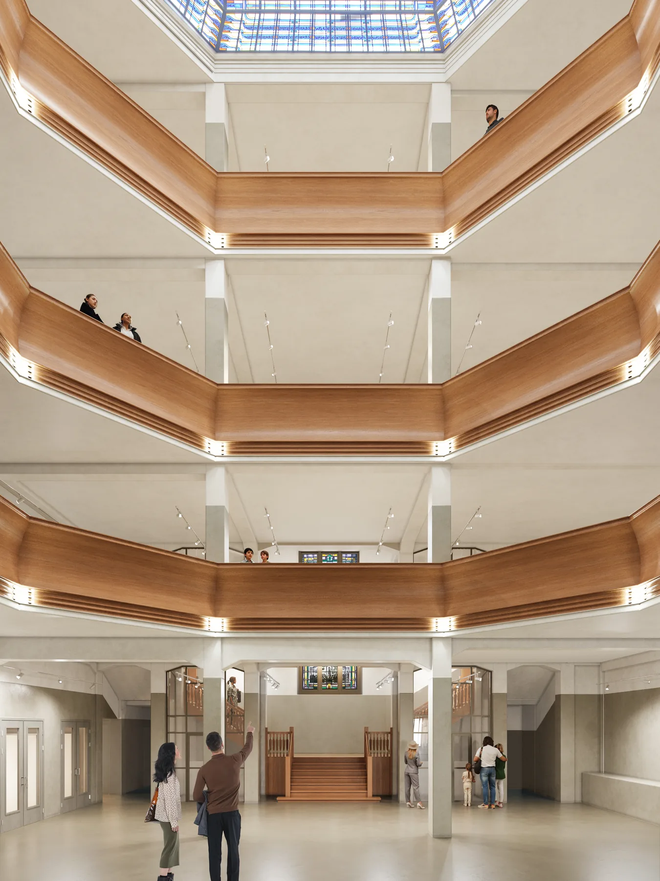 Interior with exposed timber roof structure and contemporary insertion — heritage restoration
