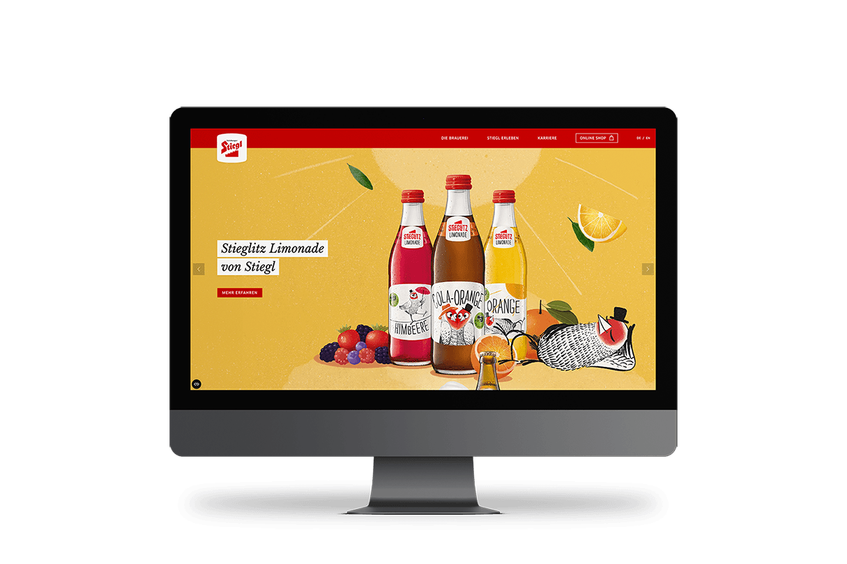 Desktop-Ansicht der stiegl.at Website mit Produktpräsentation der Stiegl Limonade