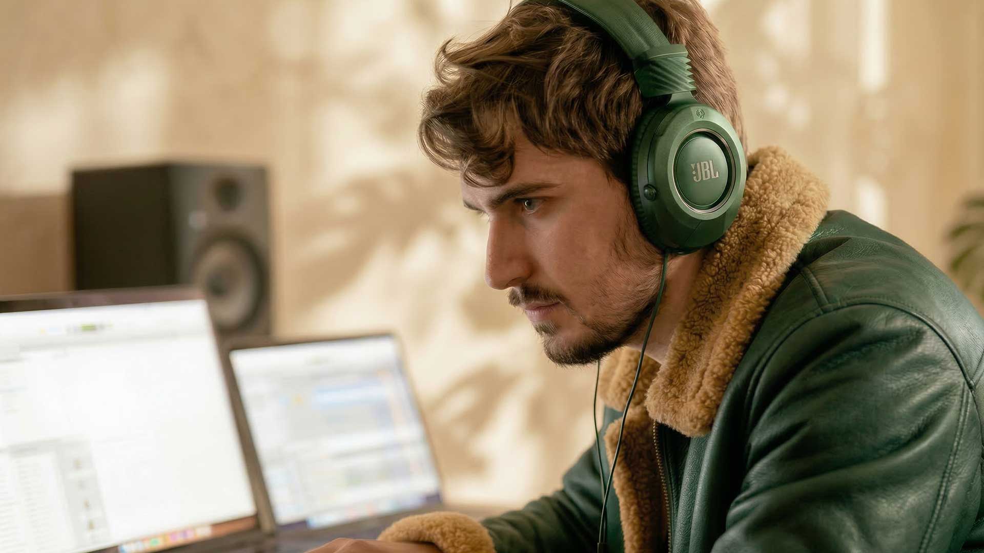 Content creator editing on a laptop with headphones, representing fast AI content production turnaround times