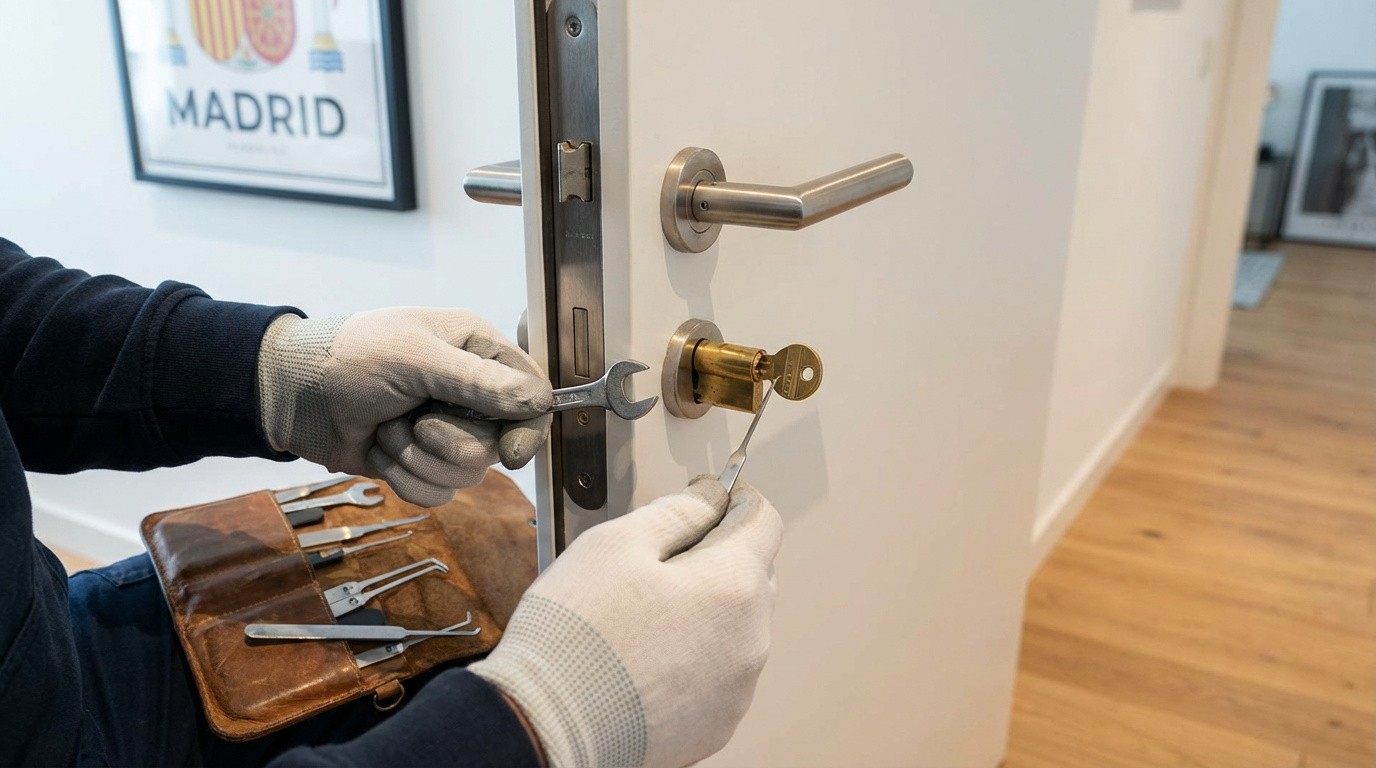 Cerrajero cambiando una cerradura urgente en Madrid con herramientas profesionales.