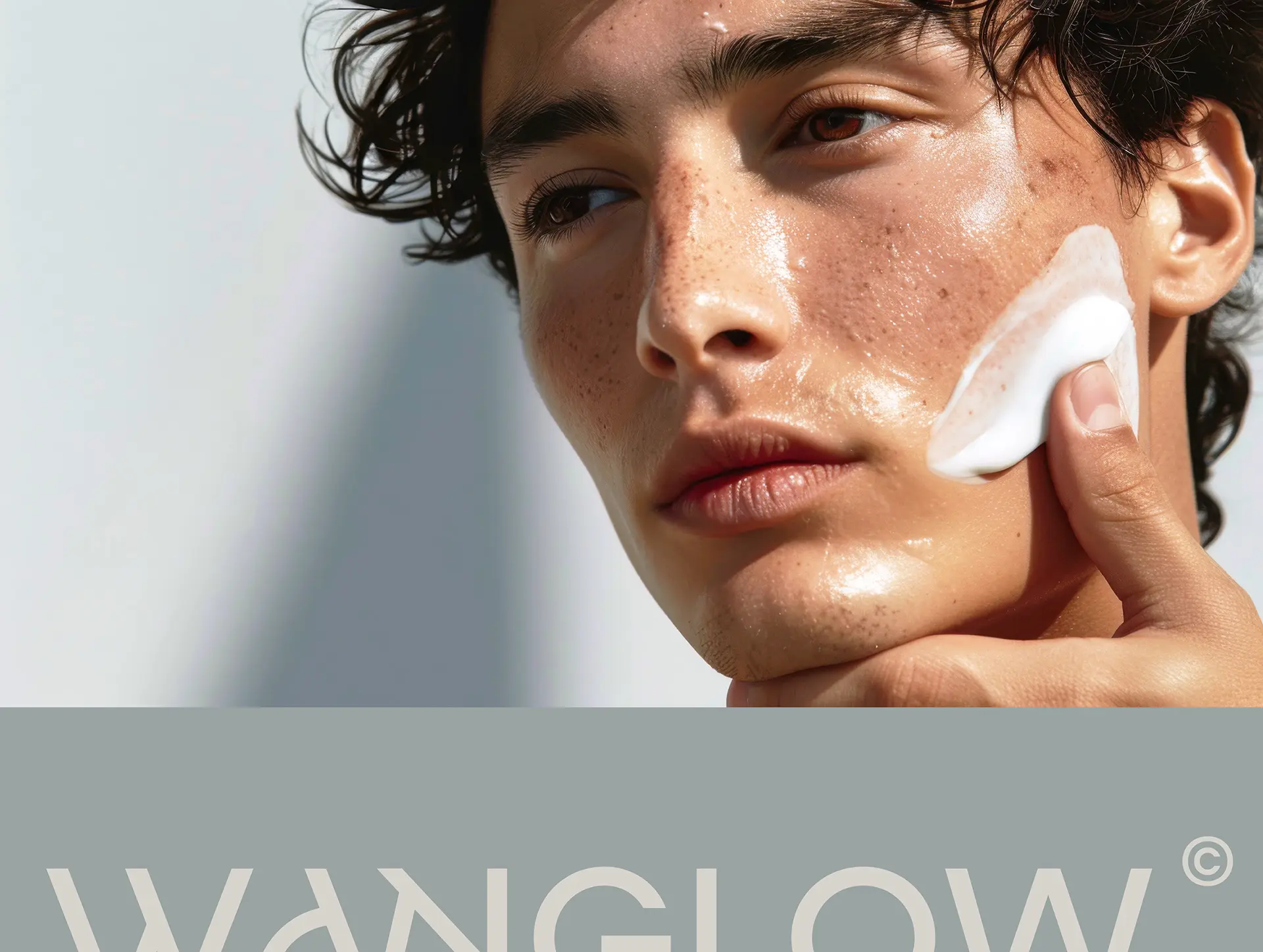 Campaign photography for Wanglow premium men's skincare brand showing product application