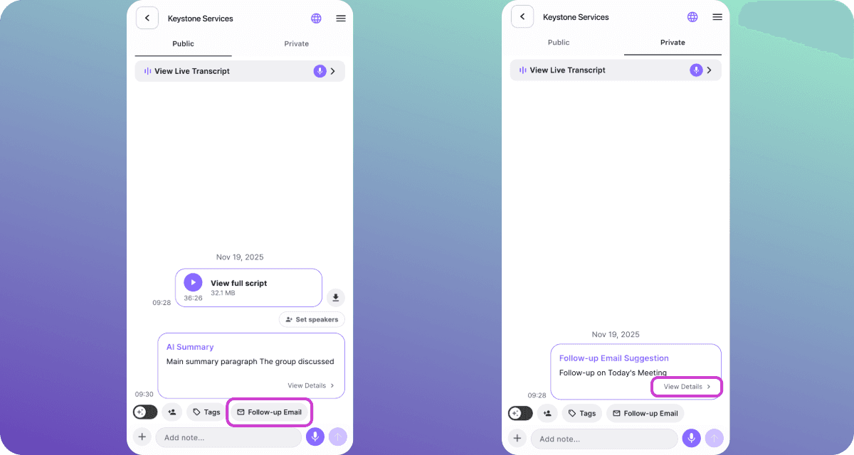 Meeting screen showing Follow-up Email access, and the Follow-up Email Suggestion card with View Details.