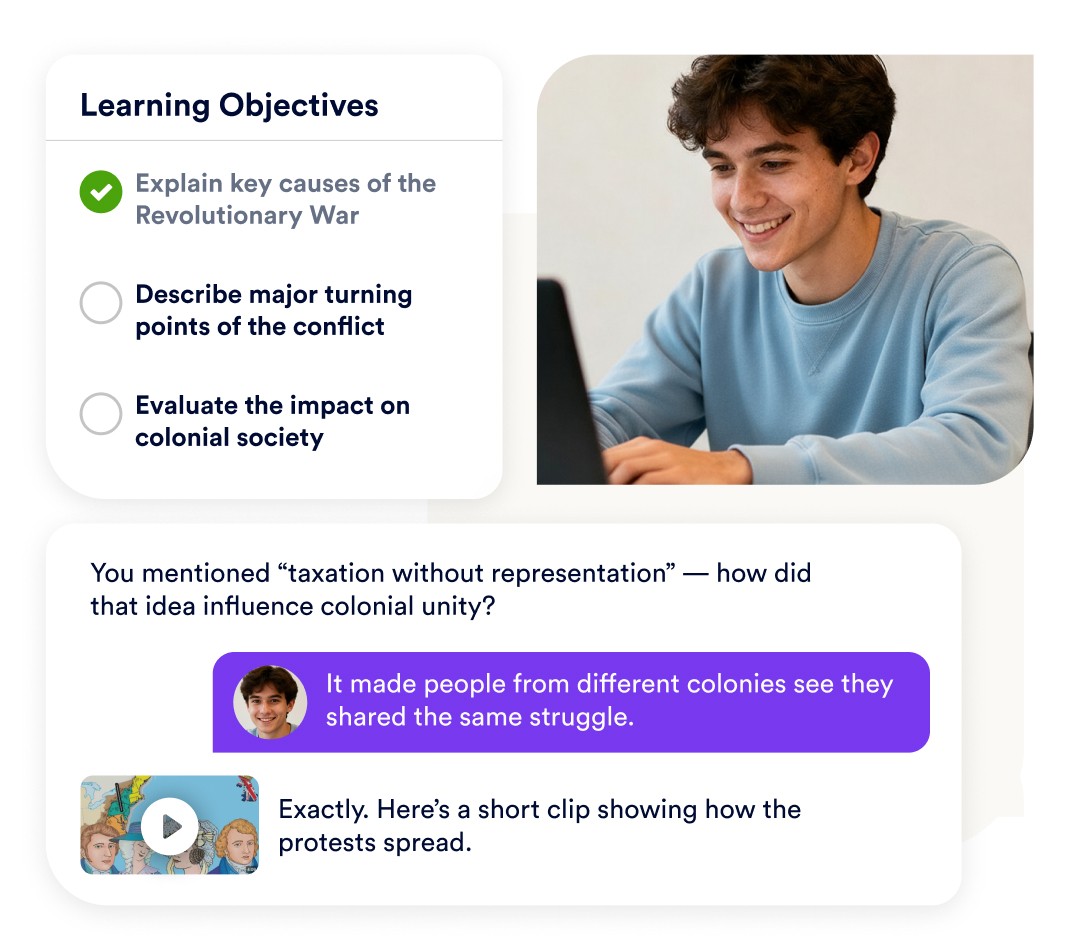 Chat conversation between Axio’s AI agents—Jasmine, Grace, and Gretchen—guiding a student through enrollment with friendly, personalized messages at key milestones.
