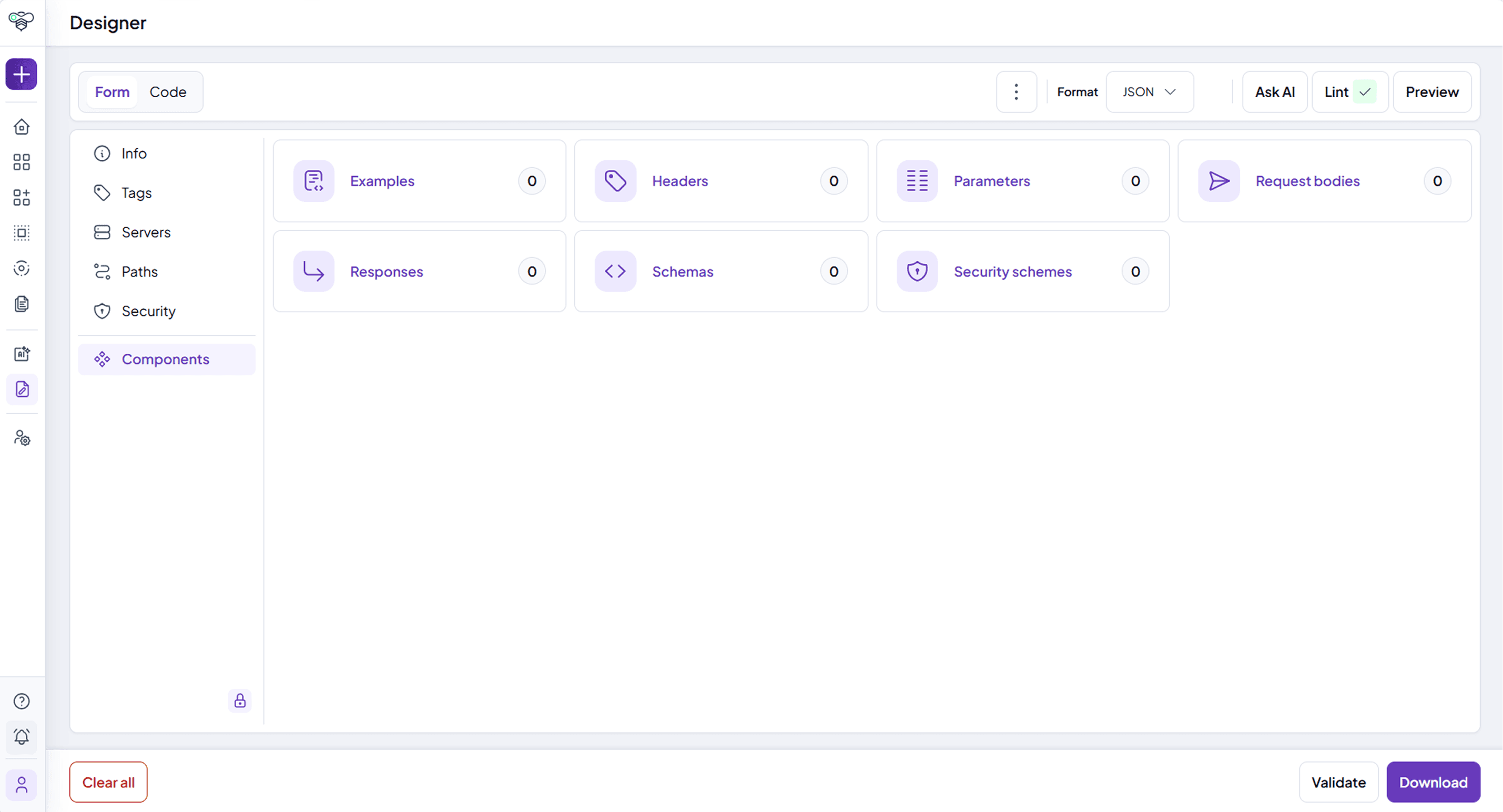 API Designer, Components section with examples, headers, parameters, responses, schemas and security schemes