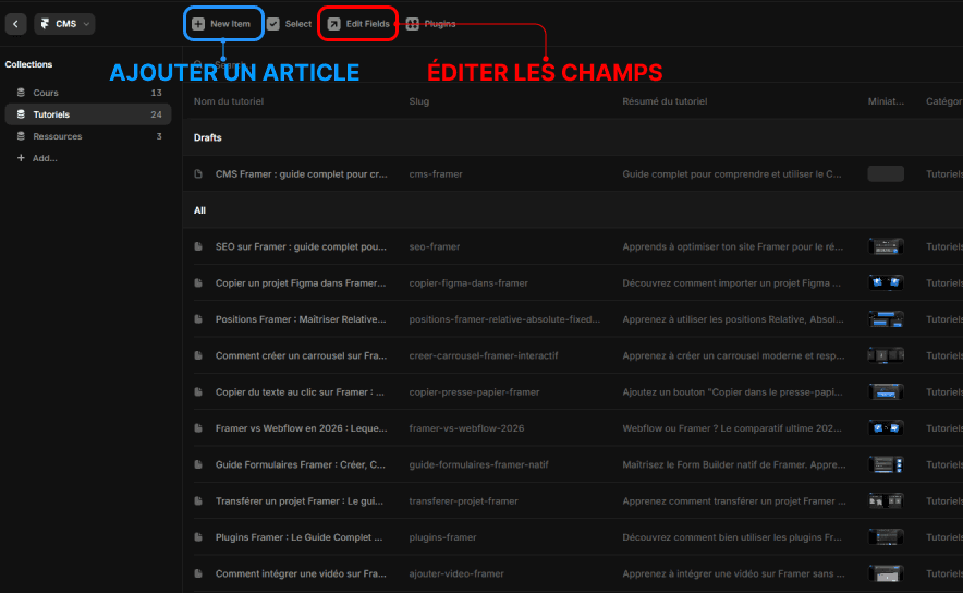 Interface du CMS de Framer pour ajouter des articles et éditer les champs de collection