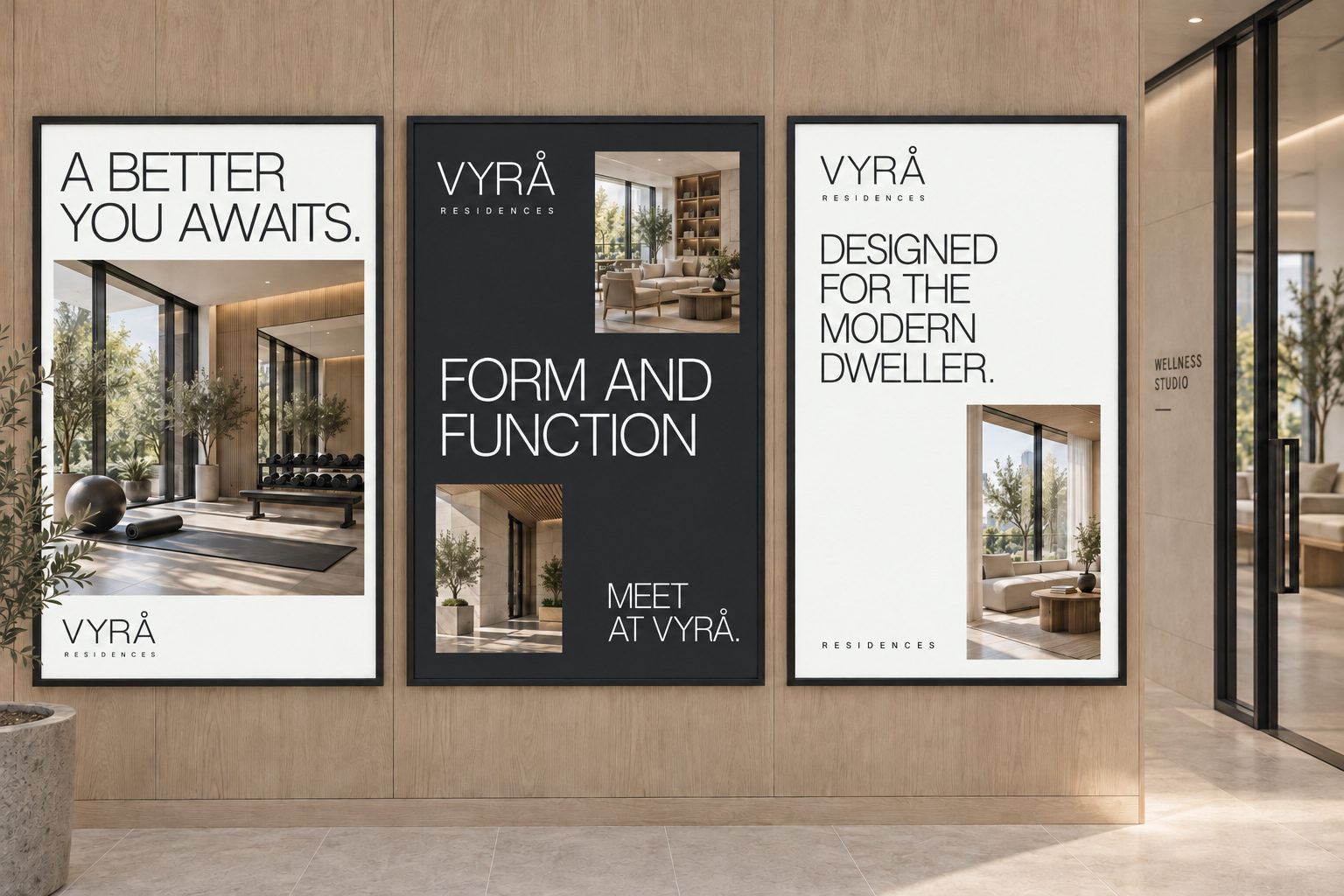VYRÅ Residences interior poster campaign displayed in a leasing gallery