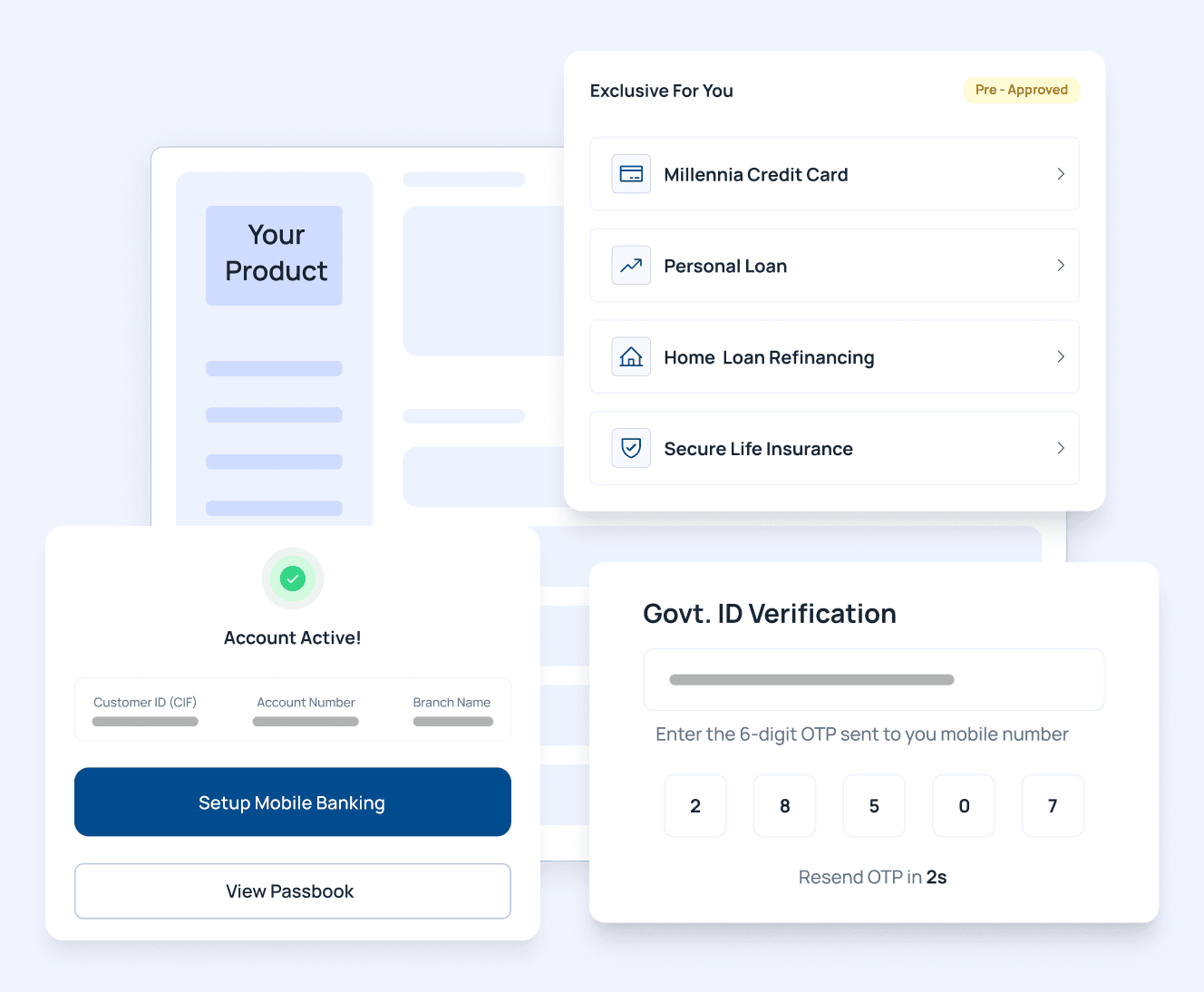 Banking OS dashboard for salary account activation, employment verification, and pre-approved offers