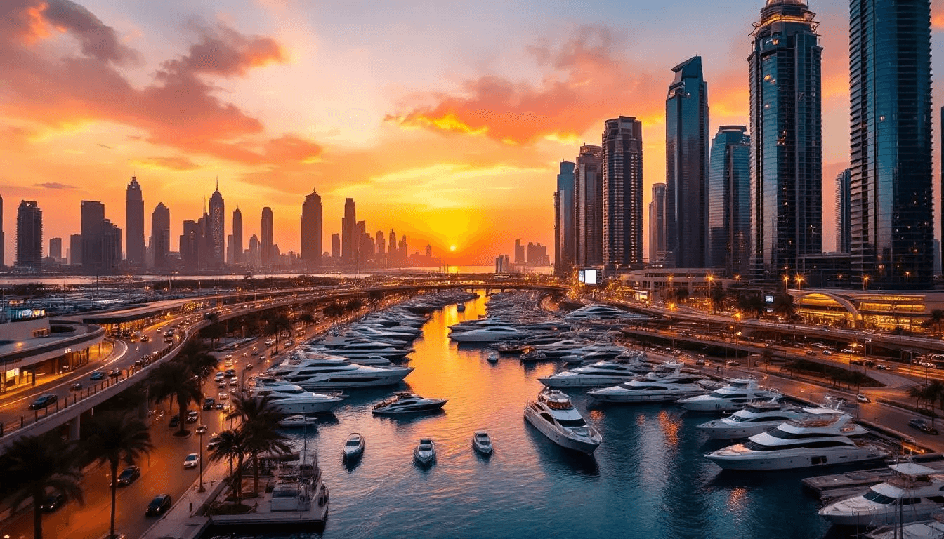 Der Dubai Marina Verkehrsknotenpunkt bei Sonnenuntergang zeigt eine lebhafte Szenerie mit der beeindruckenden Skyline von Dubai im Hintergrund. Menschen nutzen verschiedene Verkehrsmittel, darunter die Dubai Metro und Busse, um sich in der Metropole fortzubewegen, während die warmen Farben des Sonnenuntergangs den Hafen und die umliegenden Gebäude in ein sanftes Licht tauchen.