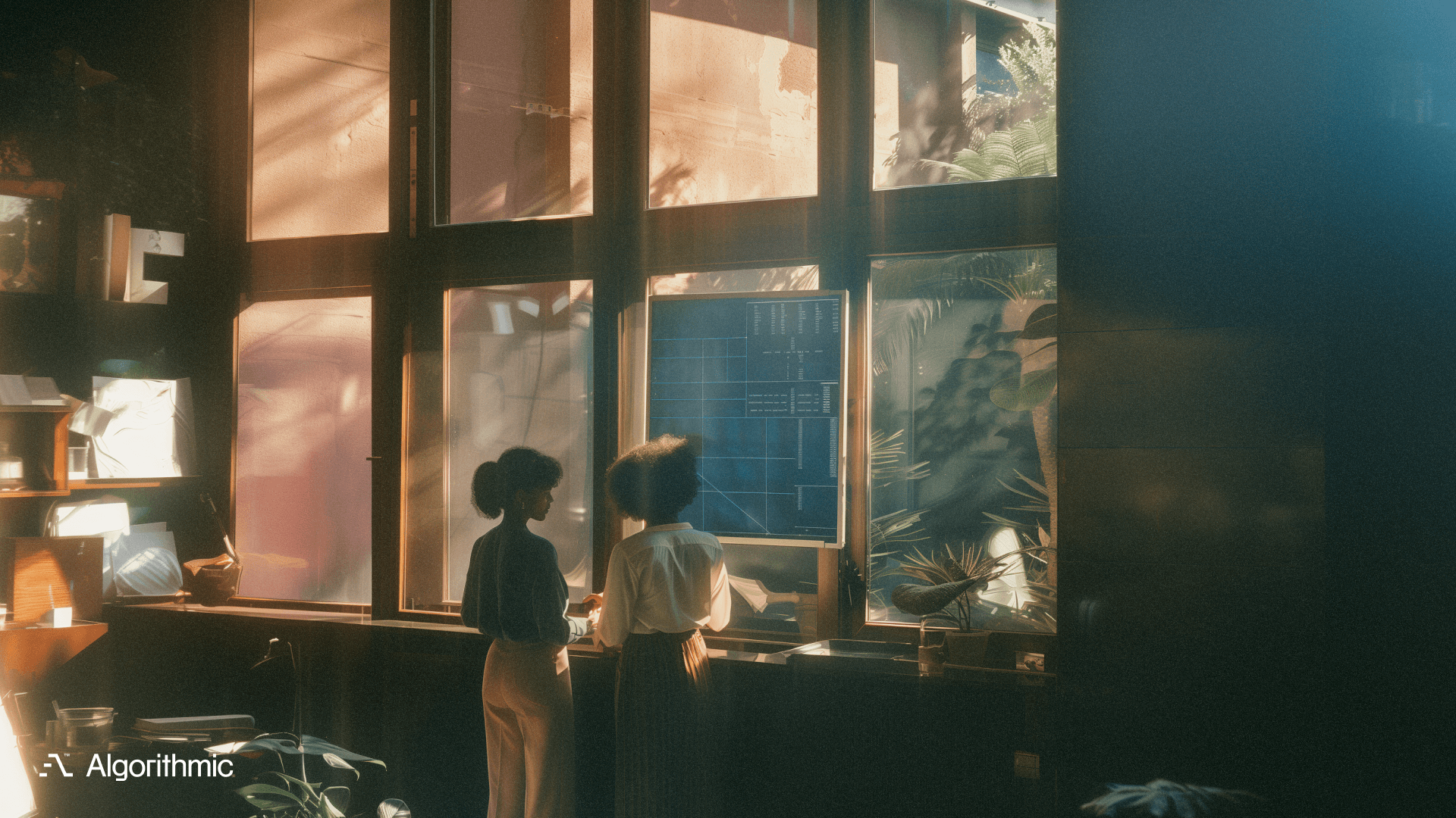 Two professionals standing side by side in a warm, sunlit office, reviewing a data dashboard displayed on a large screen near floor-to-ceiling windows, with indoor plants and scattered documents visible in the moody, golden-hour light. Algorithmic logo in the bottom left corner.